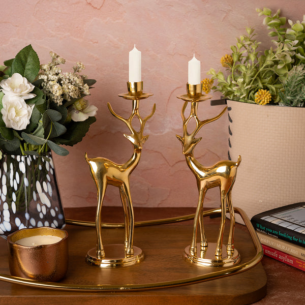 SET OF 2 BRASS REINDEER CANDLE HOLDERS
