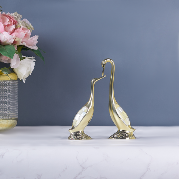 BRASS SWAN SET OF 2 WITH MOP SCUPLTURE
